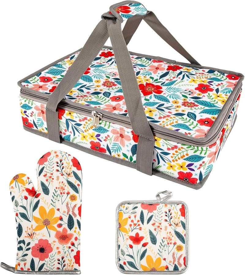 QEES Pioneer Woman Insulated Casserole Carriers for Hot or Cold Food+Oven Mitts and Pot Holders Sets,Oven Gloves+Hot Pads.Pioneer Woman Kitchen Stuff.Pioneer Woman Kitchen Accessories,Gifts for Women (3) - Image 1
